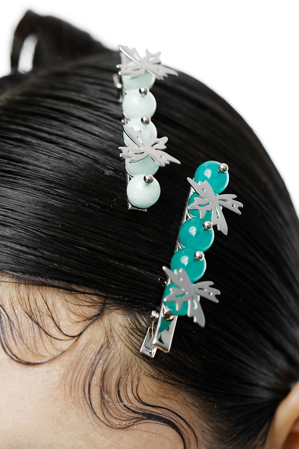 Jade Beads And Fantasy Flower Hair Clips