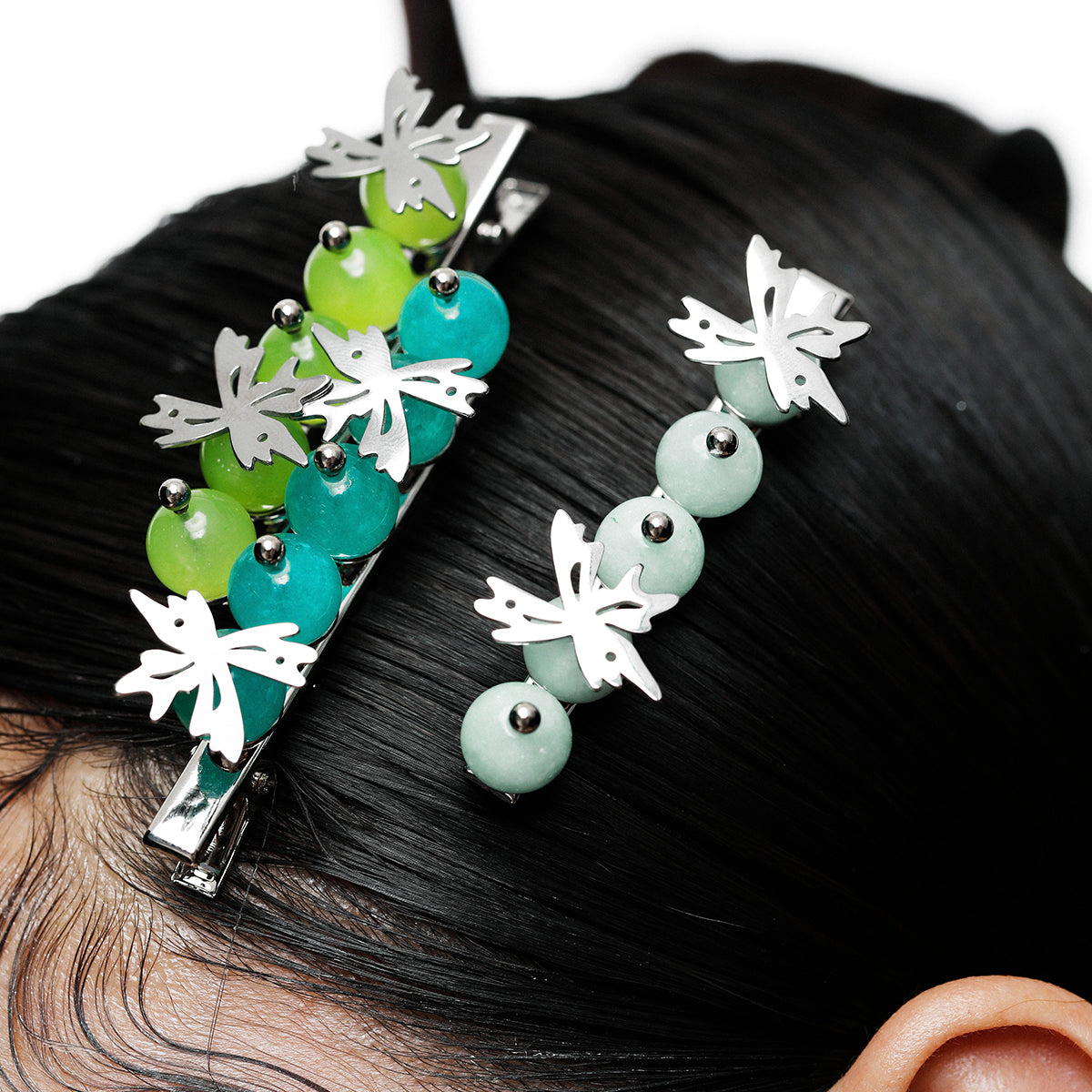 Jade Beads And Fantasy Flower Hair Clips